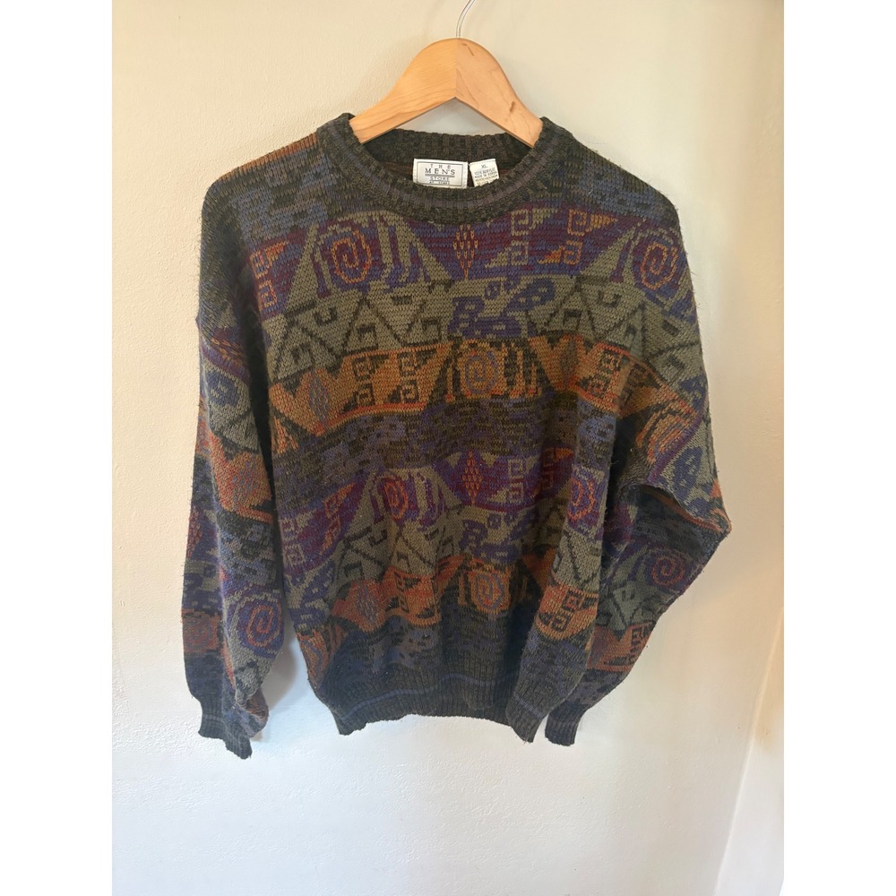Vintage The Mens Store Sears Geometric Tribal Knit Sweater XL Green Purple 90s